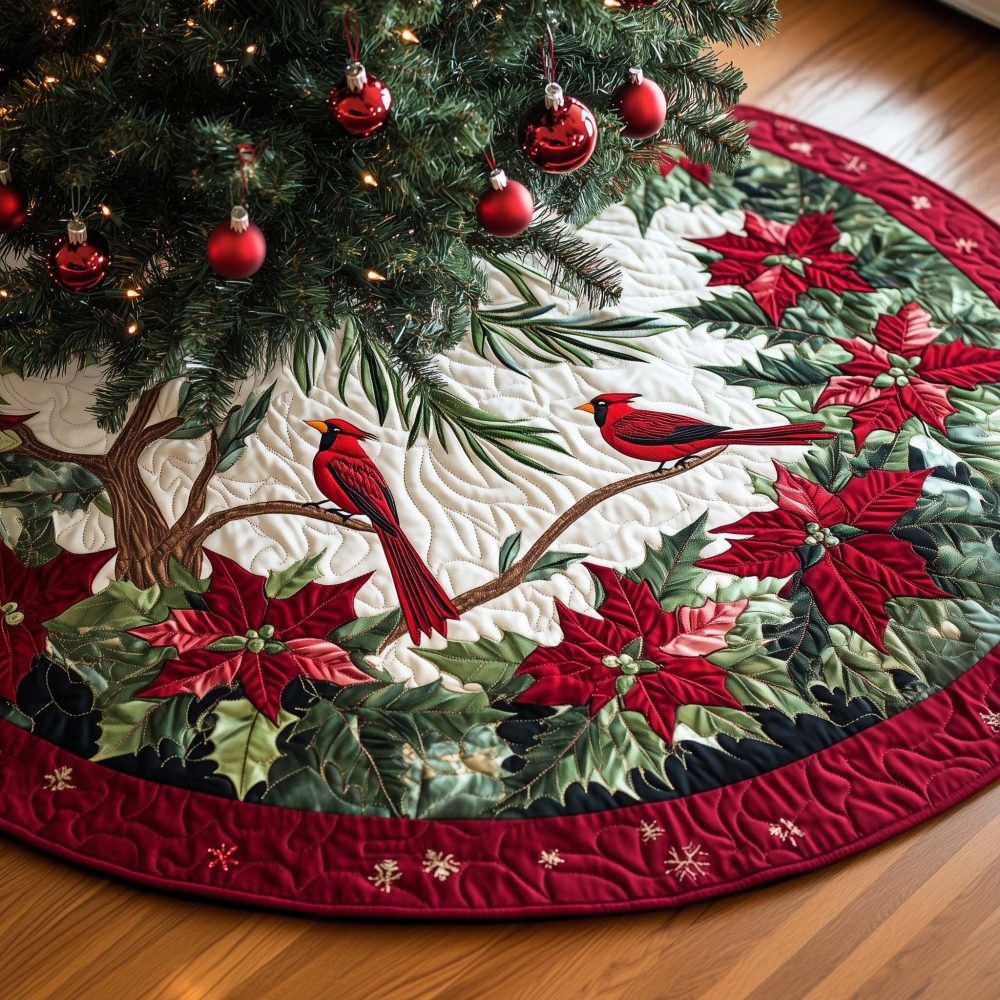Cardinal In Poinsettia Tree Skirt — Made-To-Order Quilted Christmas Skirt Featuring A Cardinal Among Poinsettias, Festive Accent
