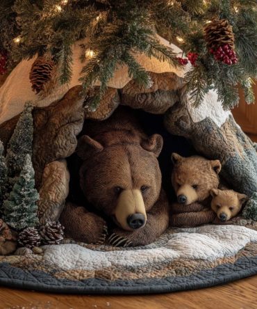 Brown Bear And Cubs In Snow Tree Skirt — Made-To-Order Winter Wildlife Design For Cozy Holiday Sets
