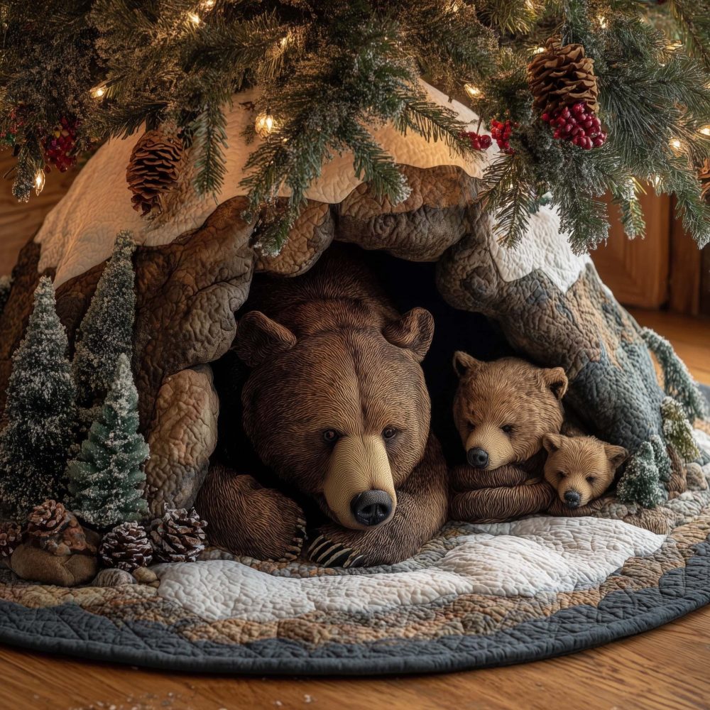 Brown Bear And Cubs In Snow Tree Skirt — Made-To-Order Winter Wildlife Design For Cozy Holiday Sets