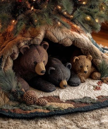 Bear Family Resting On Snowy Quilt Tree Skirt — Custom Made Holiday Skirt For Charming Family-Themed Decorations