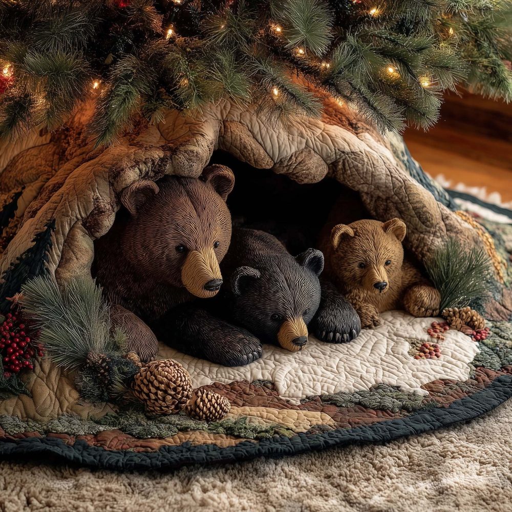 Bear Family Resting On Snowy Quilt Tree Skirt — Custom Made Holiday Skirt For Charming Family-Themed Decorations