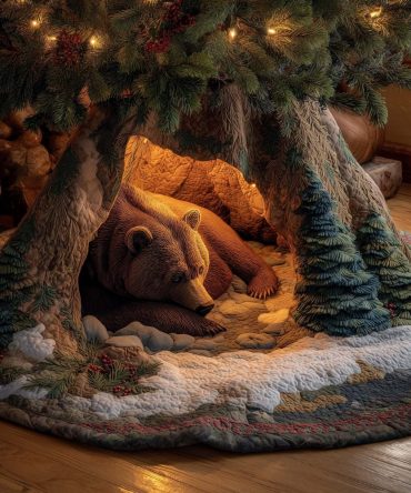 Sleeping Bear In Golden Firelight Tree Skirt — Handcrafted Made-To-Order Christmas Accent For Warm Evenings