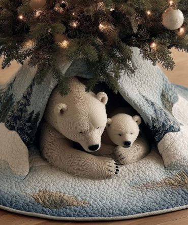 Polar Bear And Cub On Ice Tree Skirt — Arctic-Themed Made-To-Order Christmas Base For Elegant Holiday Displays