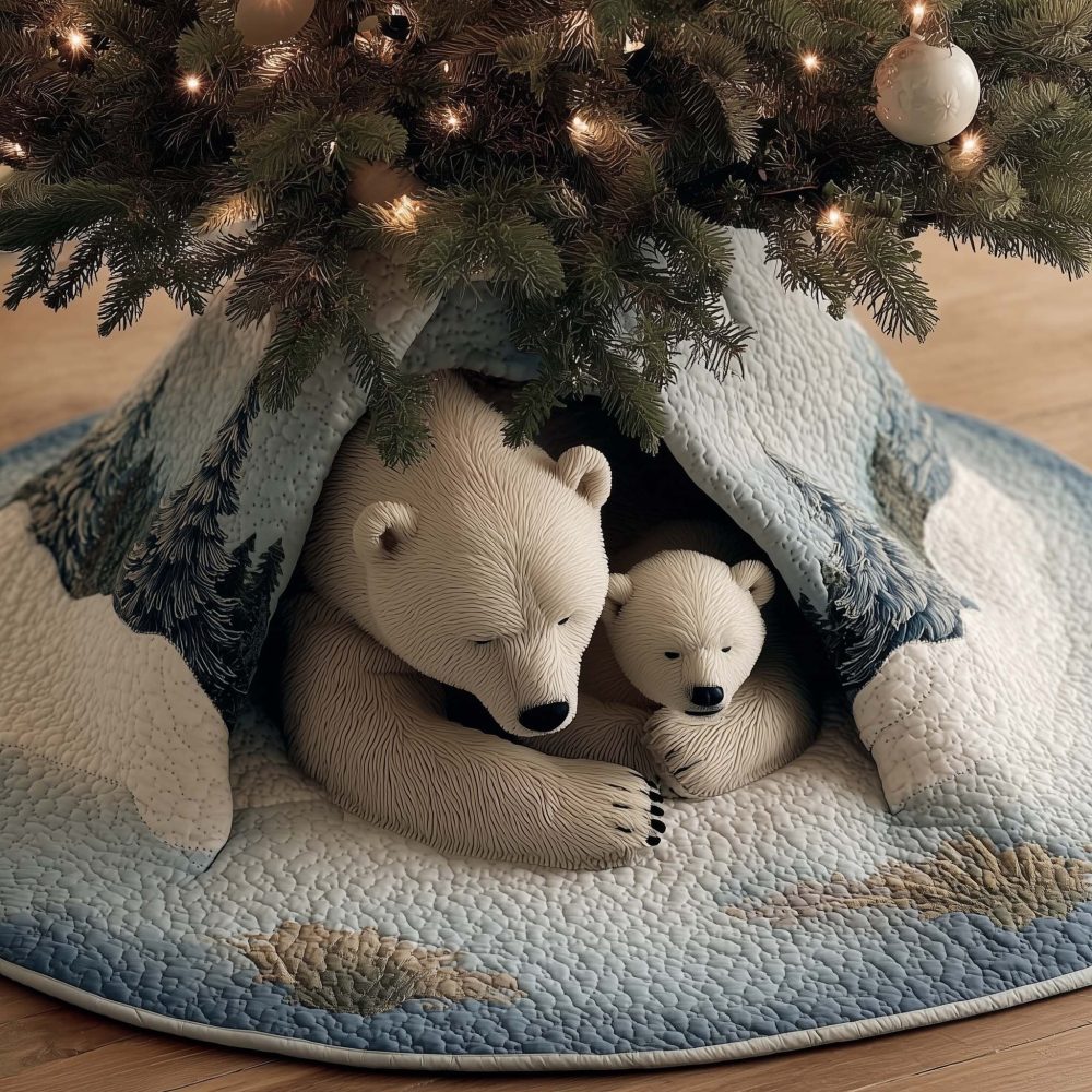 Polar Bear And Cub On Ice Tree Skirt — Arctic-Themed Made-To-Order Christmas Base For Elegant Holiday Displays