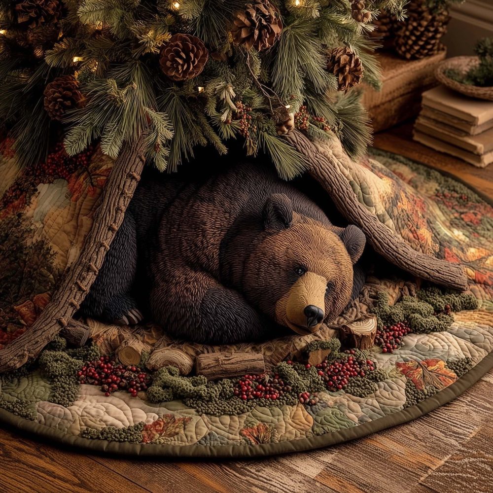 Bear Among Red Berries Tree Skirt — Festive Made-To-Order Holiday Skirt With Rich Berry Accents For Warm Décor