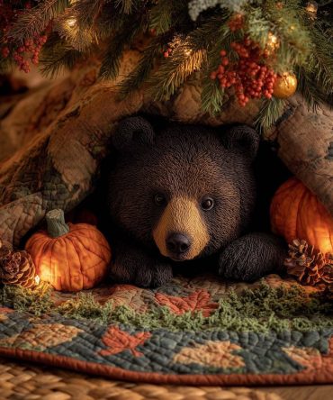 Bear With Pumpkin And Autumn Leaves Tree Skirt — Made-To-Order Rustic Holiday Base For Fall And Christmas Styling