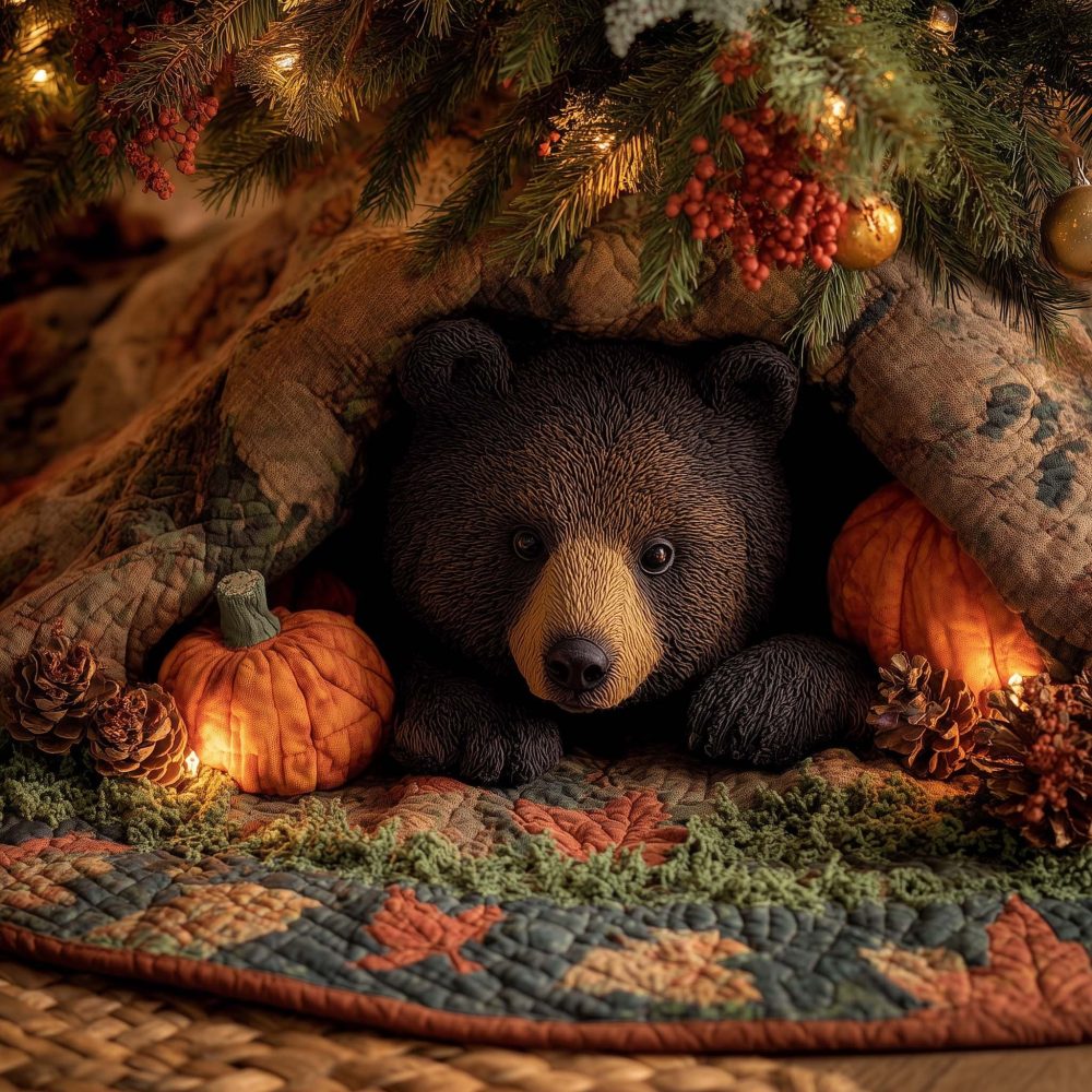Bear With Pumpkin And Autumn Leaves Tree Skirt — Made-To-Order Rustic Holiday Base For Fall And Christmas Styling