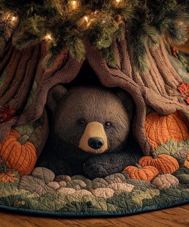 Bear Among Orange Pumpkins Tree Skirt — Autumn-To-Holiday Made-To-Order Skirt For Cozy Seasonal Transition