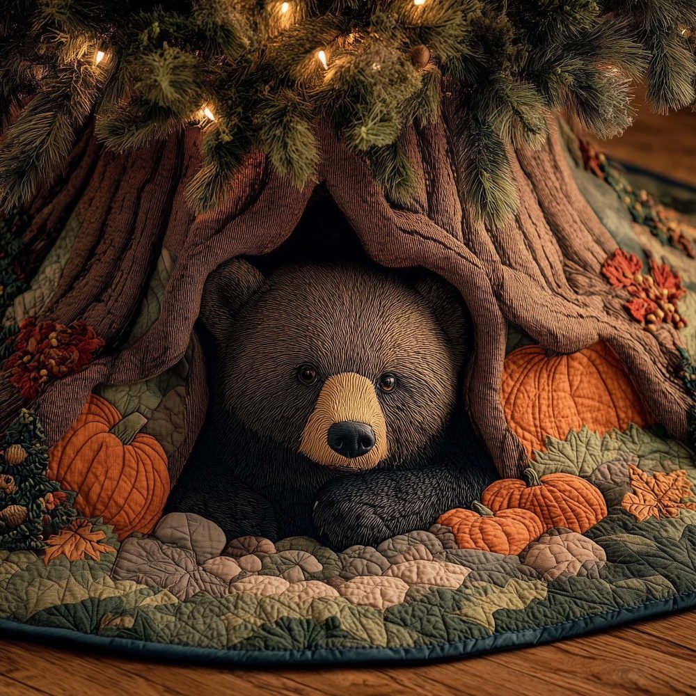Bear Among Orange Pumpkins Tree Skirt — Autumn-To-Holiday Made-To-Order Skirt For Cozy Seasonal Transition