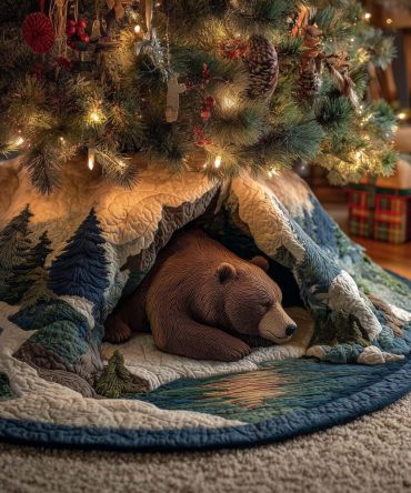 Bear Sleeping By Blue Lake Tree Skirt — Scenic Made-To-Order Christmas Decor For Tranquil Holiday Style