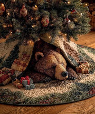 Festive Bear With Wrapped Gifts Holiday Tree Skirt — Luxury Made-To-Order Christmas Décor For Cozy Homes