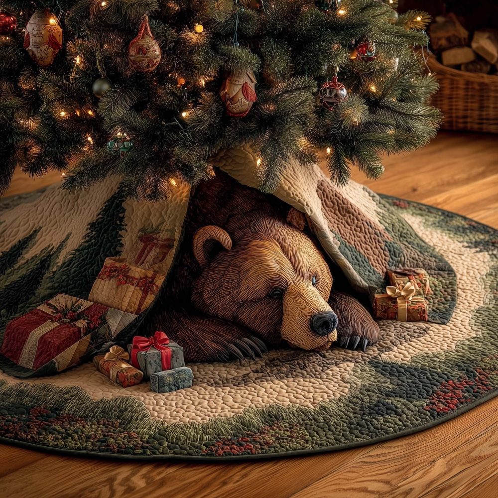 Festive Bear With Wrapped Gifts Holiday Tree Skirt — Luxury Made-To-Order Christmas Décor For Cozy Homes