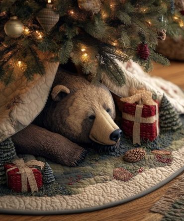 Sleeping Bear With Red Gift Box Holiday Tree Skirt — Custom Made Christmas Accent For Cozy Living Rooms