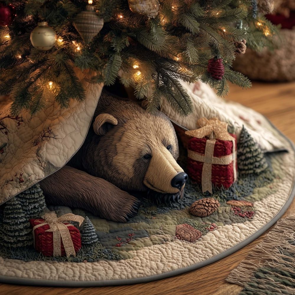 Sleeping Bear With Red Gift Box Holiday Tree Skirt — Custom Made Christmas Accent For Cozy Living Rooms