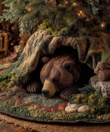 Bear Resting In Mossy Den Tree Skirt — Custom Holiday Base Cover Inspired By Woodland Winter Scenes