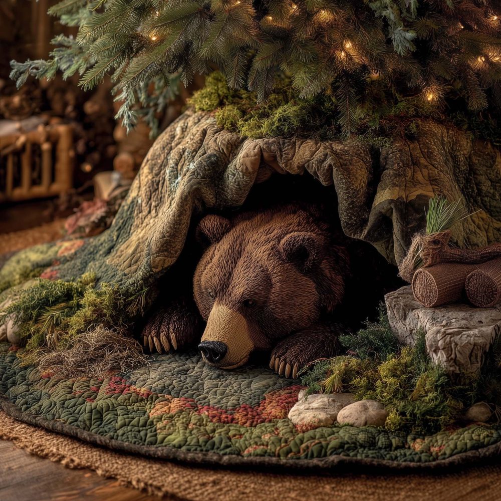 Bear Resting In Mossy Den Tree Skirt — Custom Holiday Base Cover Inspired By Woodland Winter Scenes