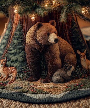 Standing Brown Bear With Deer Forest Tree Skirt — Handmade Woodland Wildlife Christmas Skirt, Rustic Lodge Holiday Décor, Custom Sizes & Personalization, Made To Order