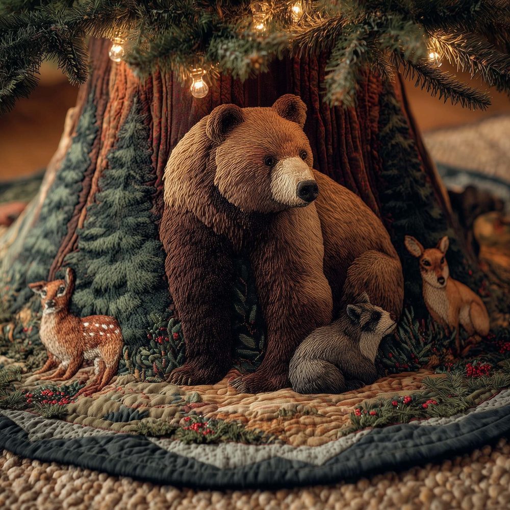 Standing Brown Bear With Deer Forest Tree Skirt — Handmade Woodland Wildlife Christmas Skirt, Rustic Lodge Holiday Décor, Custom Sizes & Personalization, Made To Order
