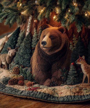 Brown Bear And Fawn Pinecone Tree Skirt — Made-To-Order Woodland Christmas Decor For Rustic Homes