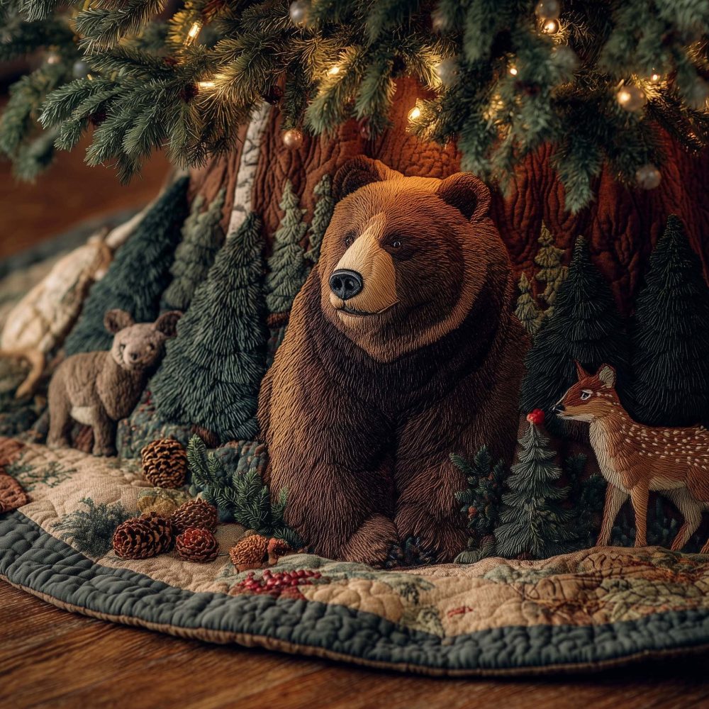 Brown Bear And Fawn Pinecone Tree Skirt — Made-To-Order Woodland Christmas Decor For Rustic Homes