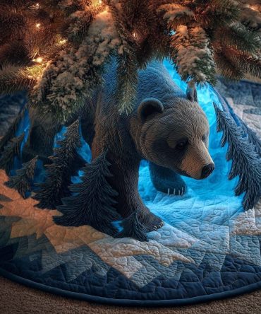 Moonlit Blue Forest Bear Tree Skirt — Handmade Holiday Skirt With Bear In Moonlit Woods, Custom Sizes & Personalization, Rustic Christmas Décor, Made To Order
