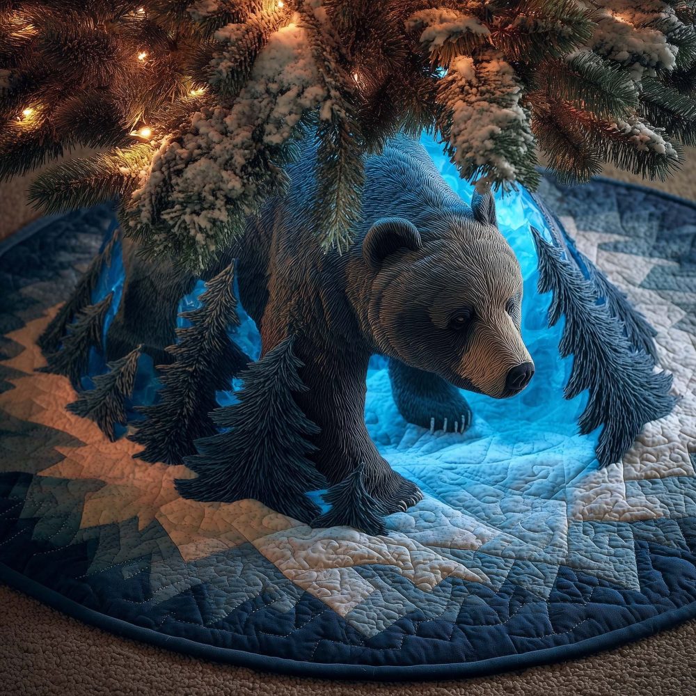 Moonlit Blue Forest Bear Tree Skirt — Handmade Holiday Skirt With Bear In Moonlit Woods, Custom Sizes & Personalization, Rustic Christmas Décor, Made To Order