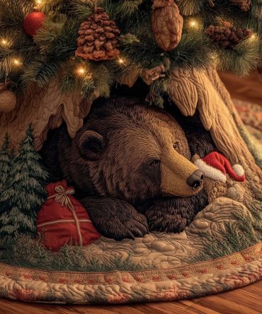 Napping Bear With Red Gift Tree Skirt — Handmade Festive Bear Christmas Skirt, Cozy Holiday Gift-Themed Décor, Custom Sizes & Personalization, Made To Order