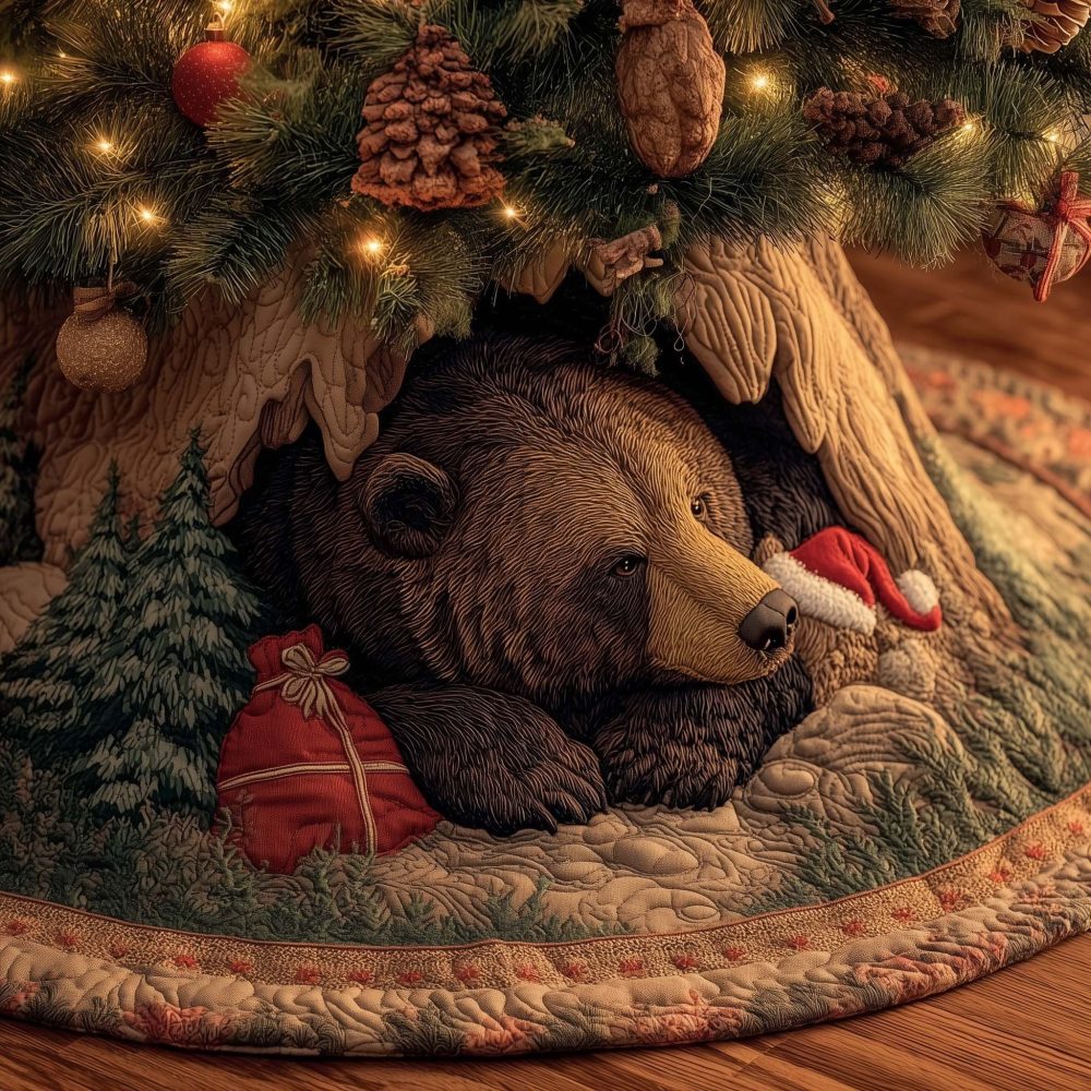 Napping Bear With Red Gift Tree Skirt — Handmade Festive Bear Christmas Skirt, Cozy Holiday Gift-Themed Décor, Custom Sizes & Personalization, Made To Order