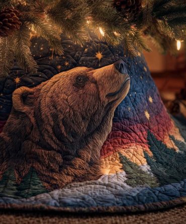 Starry Night Bear Christmas Tree Skirt — Handmade Bear Holiday Skirt, Night Sky Woodland Design, Custom Sizes & Personalization, Made To Order