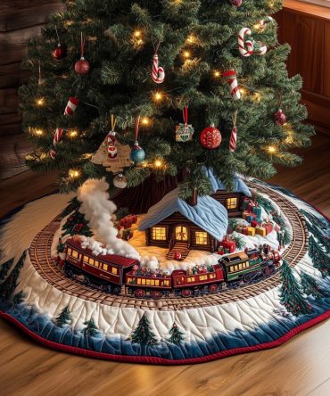 Snow Village Train Tree Skirt — Made-To-Order Quilted Christmas Skirt With Locomotive Circling Festive Village, Charming Holiday Accent
