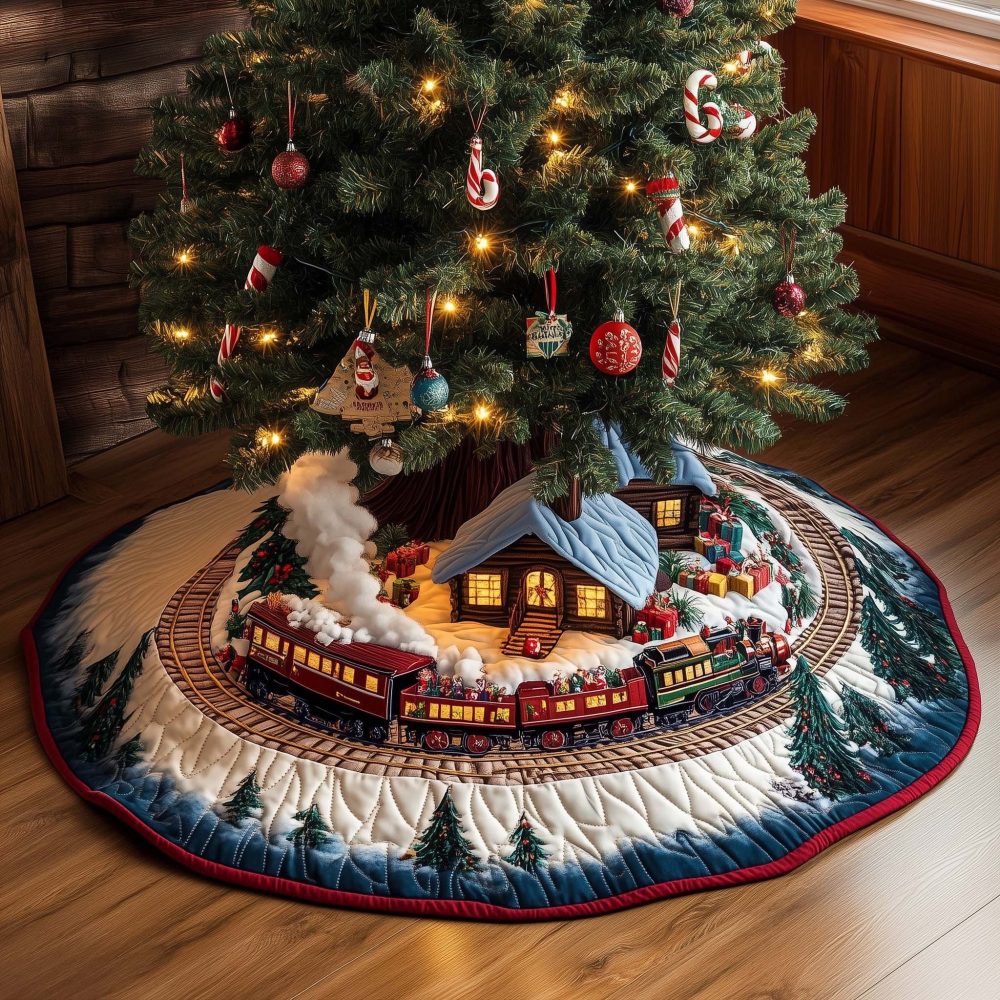 Snow Village Train Tree Skirt — Made-To-Order Quilted Christmas Skirt With Locomotive Circling Festive Village, Charming Holiday Accent
