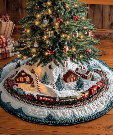 Cabin Loop Train Tree Skirt — Made-To-Order Quilted Christmas Skirt With Whimsical Train Circling Cozy Cabins, Country Holiday Decor