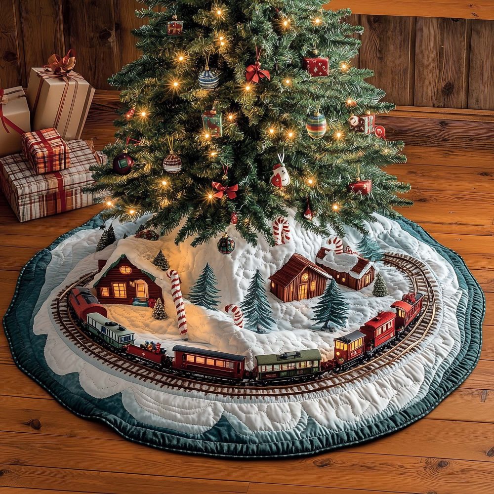 Cabin Loop Train Tree Skirt — Made-To-Order Quilted Christmas Skirt With Whimsical Train Circling Cozy Cabins, Country Holiday Decor