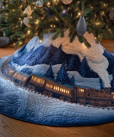 Blue Mountains Night Train Quilted Tree Skirt — Made-To-Order Christmas Decor With Midnight Rail Scene, Rustic Seasonal Accent