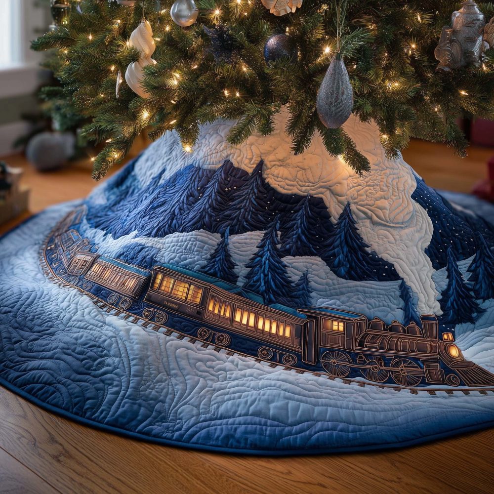 Blue Mountains Night Train Quilted Tree Skirt — Made-To-Order Christmas Decor With Midnight Rail Scene, Rustic Seasonal Accent