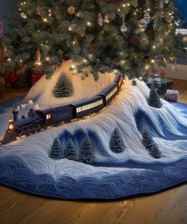 Midnight Snowdrift Train Tree Skirt — Made-To-Order Quilted Christmas Decor With Nocturnal Locomotive Scene, Elegant Winter Table Accent