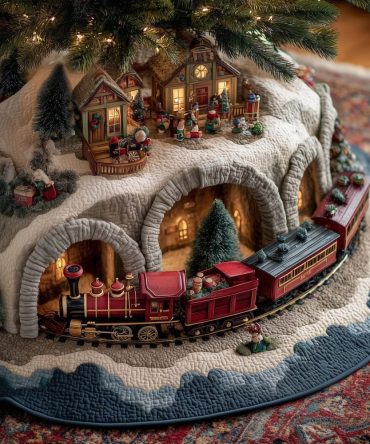 Tunnel Village Train Christmas Tree Skirt — Made-To-Order Quilted Holiday Skirt With Charming Village & Locomotive Illustration, Cozy Décor