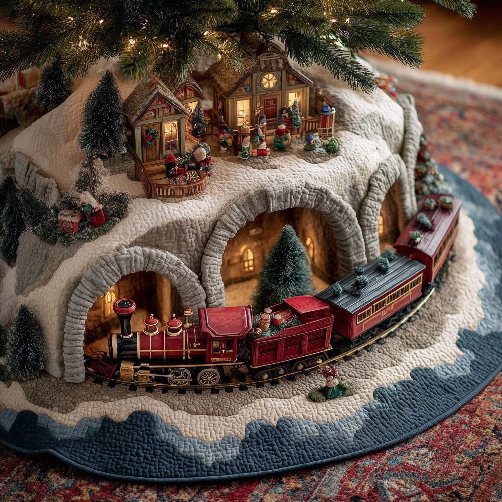 Tunnel Village Train Christmas Tree Skirt — Made-To-Order Quilted Holiday Skirt With Charming Village & Locomotive Illustration, Cozy Décor