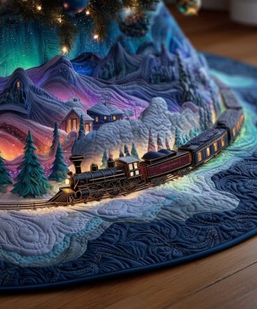 Aurora Highlands Train Scene Tree Skirt — Made-To-Order Holiday Quilted Skirt Featuring Scenic Locomotive, Perfect For Winter Mantels