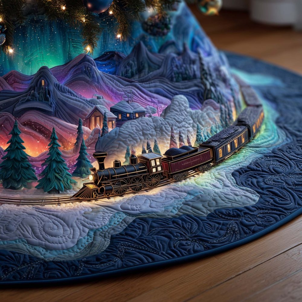 Aurora Highlands Train Scene Tree Skirt — Made-To-Order Holiday Quilted Skirt Featuring Scenic Locomotive, Perfect For Winter Mantels