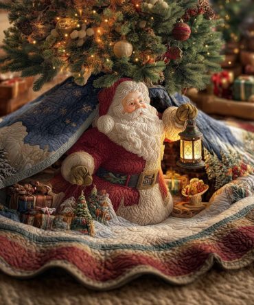Handcrafted Lantern Santa Tree Skirt With Holiday Gifts — Made-To-Order Quilted Christmas Accent For Cozy, Classic Seasonal Decor