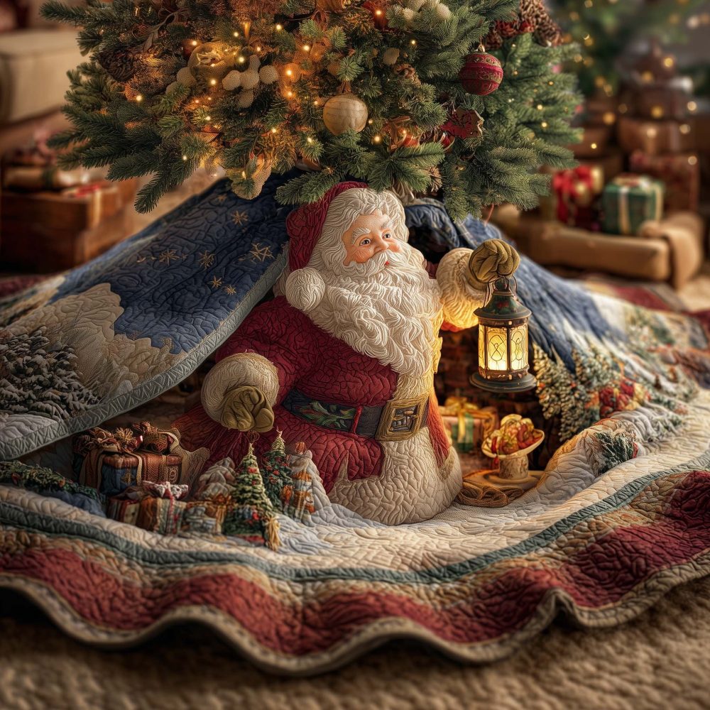 Handcrafted Lantern Santa Tree Skirt With Holiday Gifts — Made-To-Order Quilted Christmas Accent For Cozy, Classic Seasonal Decor