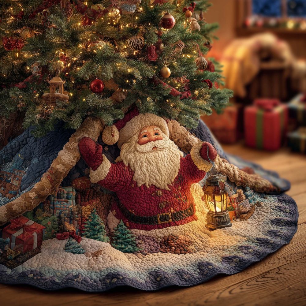 Festive Santa Tree Skirt Featuring Waving Saint Nick With Gift Sack — Made-To-Order Quilted Christmas Decor, Perfect Holiday Centerpiece
