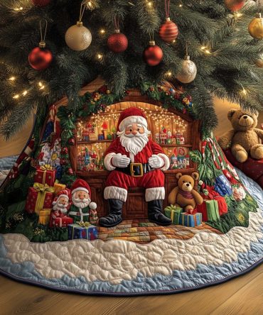 Santa By The Toy Shelf Tree Skirt — Handmade Made-To-Order Christmas Tree Skirt Ideal For Playful Holiday Displays