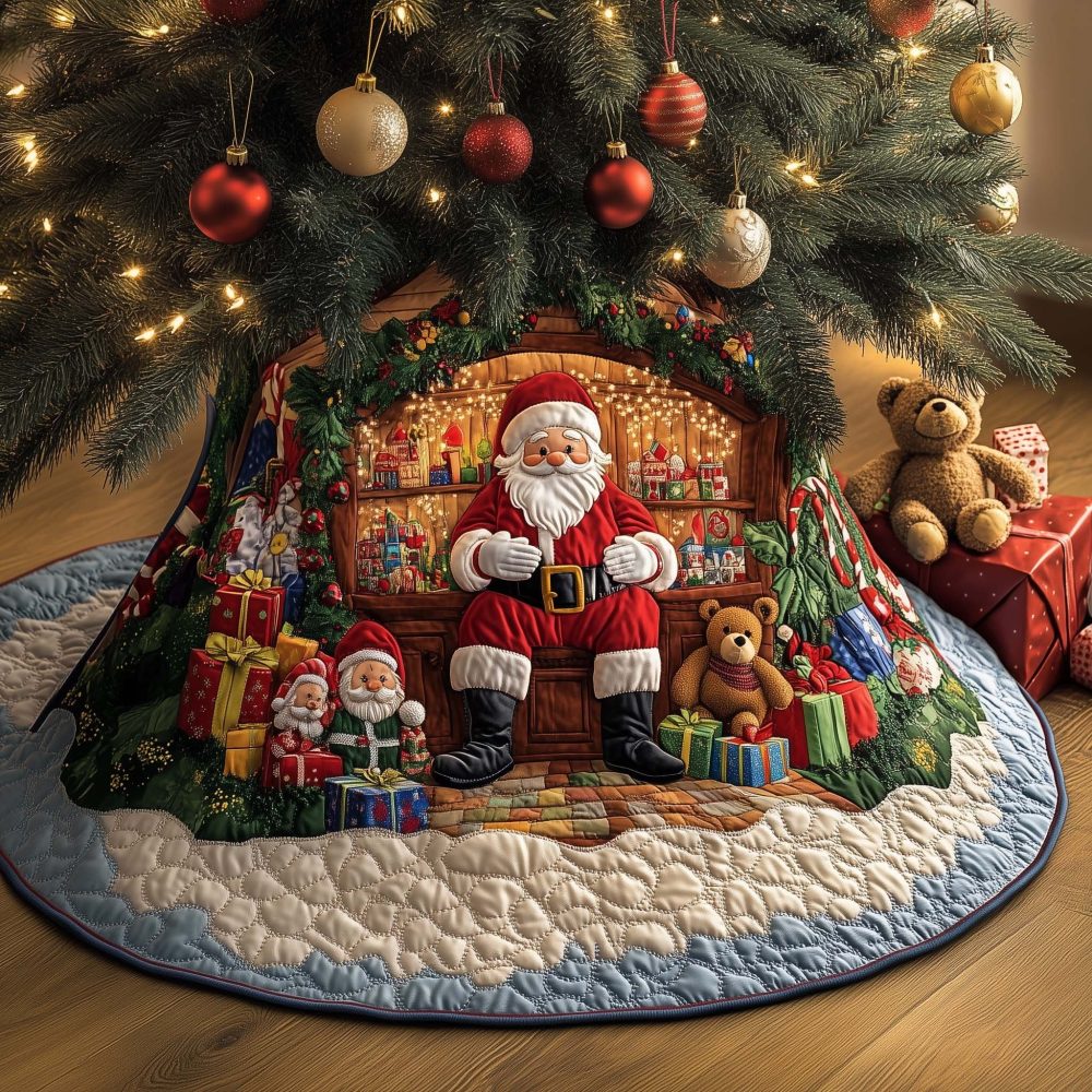 Santa By The Toy Shelf Tree Skirt — Handmade Made-To-Order Christmas Tree Skirt Ideal For Playful Holiday Displays