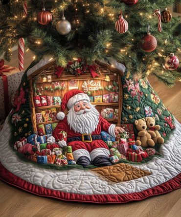 Santa In The Gift Library Tree Skirt — Custom Made-To-Order Christmas Tree Skirt Featuring Santa Among Presents & Books