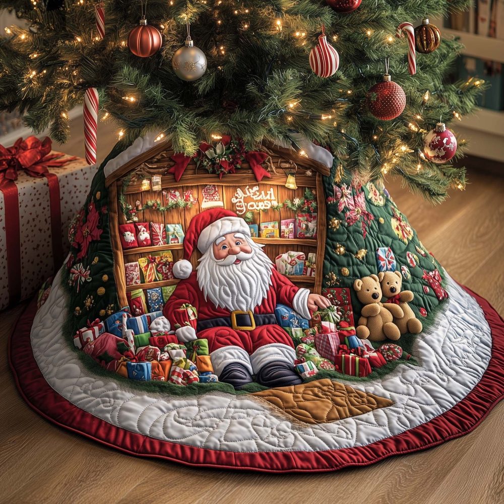 Santa In The Gift Library Tree Skirt — Custom Made-To-Order Christmas Tree Skirt Featuring Santa Among Presents & Books