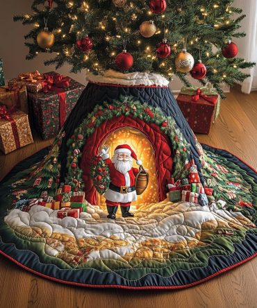 Wreath Doorway Santa Tree Skirt — Custom Made-To-Order Christmas Tree Skirt With Wreath Motif For Charming Holiday Decor