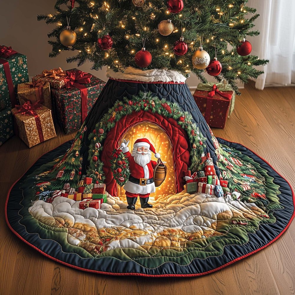 Wreath Doorway Santa Tree Skirt — Custom Made-To-Order Christmas Tree Skirt With Wreath Motif For Charming Holiday Decor