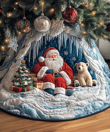 Handcrafted Santa With Polar Bear Cub Tree Skirt — Made-To-Order Cozy Christmas Tree Skirt For Living Rooms & Gifts